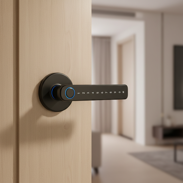 TTlock Tuya Electric Biometric Fingerprint Door Lock C Lever Key Cylinder for Wooden Doors with Door Handle Cloud Wi-Fi
