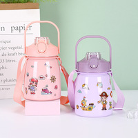 Bouteille d'eau portable en acier inoxydable pour enfants, mignonne et robuste, avec couvercle à rabat verrouillable, paille et poignée de transport