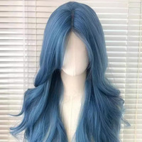 Wig Sintetis Cosplay Biru Bergelombang Panjang Desain Baru untuk Wanita, Wig Tanpa Lem HD untuk Cosplay, Rambut Kepang Tahan Panas, Wig Rambut Manusia