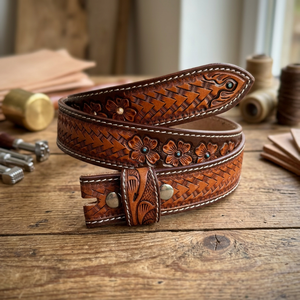 Ceinture en cuir de vachette à motifs floraux, faite à la main, avec boucle à ardillon de style western, double couture, design ethnique, pour un usage décontracté - Product Image 4