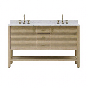 Modern Minimalist Wood Bathroom <b>Vanity</b> 60 in Floor Standing Rectangular Drawers Porcelain Basin 5 Year Warranty <b>Light</b> Finish - Product Image 1