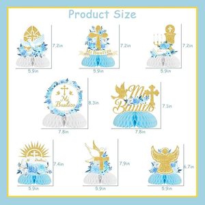 8 Piezas de Centros de Mesa de Panal de Abeja para Bautizo, <span class=keywords><strong>Primera</strong></span> Comunión, Decoraciones de Mesa Azules, Artículos para Fiesta de Baby Shower con la Frase 'Dios te Bendiga' - Product Image 6