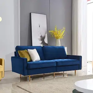 批发时尚深蓝色丝绒客厅家具2座金色不锈钢腿部沙发