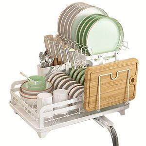 2025 New Trend <b>Kitchen</b> <b>Storage</b> Organizer Accessories Large 2 Tier Detachable Dish Drain Drainer Dish Drying Rack with Drainboard - Product Image 2