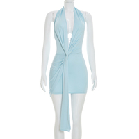 Robe moulante mini Viviblook D26DS146 pour femme, couleur unie, sexy, sans manches, dos nu, col halter, bretelles torsadées, pour l'été