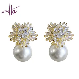 Gioielli di moda fiocco di neve orecchini eleganti in ottone strass zircone intarsiato di perle orecchini donna