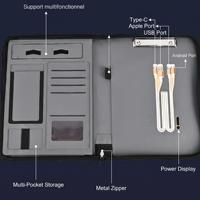 Carnet A4 personnalisé rechargeable avec batterie 8000 mAh, chargement sans fil, ports multi-connecteurs, organiseur en cuir PU