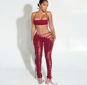 X22963C Sexy Bandage Patchwork Conjuntos de 2 piezas Traje de mujer Halter Sin mangas Crop Tops y pantalones Traje a juego Ropa de calle femenina - Product Image 5