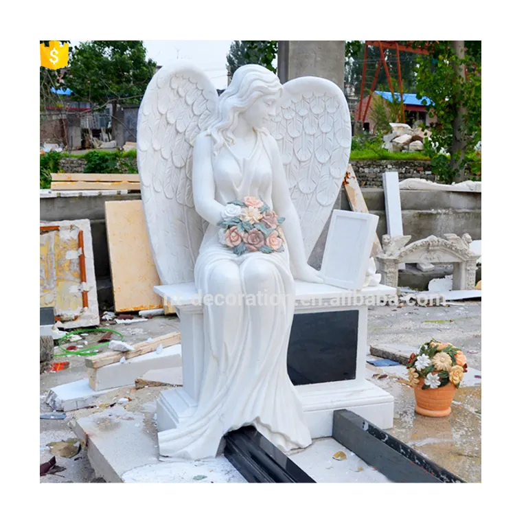 Moderne Hand Gesneden Angel Zitten Met Bloemen In Hand Steen Sculptuur Grote Begraafplaats Marmer Weeping Angel Standbeeld Grafsteen