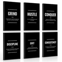 Seni Dinding Kanvas Kamus Motivasi 6 Buah Berbingkai, Bingkai Hitam, Grind Hustle Conquer Discipline Grit Consistency (Grosir)