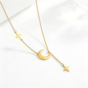 Moon And <b>Star</b> Pendant Necklace 18k Gold Plated Stainless Steel Geometric <b>Design</b> Daily Wear Clavicle Chain - Product Image 1