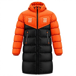 Veste longue matelassée pour homme, à blocs de couleur, avec capuche, chaude pour l'hiver, épaisse, en duvet, fermeture éclair avec logo sur le devant - Product Image 1