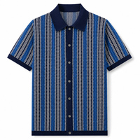 Kaos Polo Rajut Pria 100% Viscose Herringbone Bergaris Kancing Penuh Lengan Pendek Vintage Resort Kasual Grosir OEM
