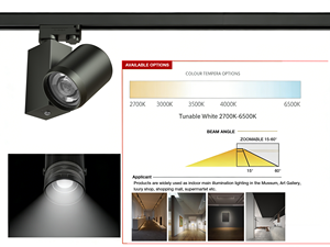 Projecteur motorisé à zoom <span class=keywords><strong>LED</strong></span> COB DMX512 CASAMBI 15-50° avec télécommande, gradation CCT réglable pour musées et galeries - Product Image 5