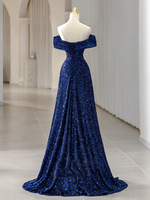 Robe de bal longue bleue à sequins en satin, épaules dénudées, grande taille, pour mariée ou soirée de mariage
