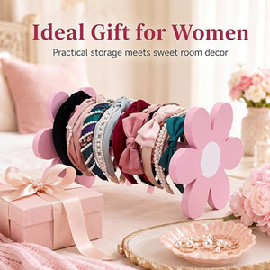 Pink Wooden Hairband <b>Stand</b> Flower Shape Solid Wood Headband Organizer For Makeup Room Storage - Product Image 2