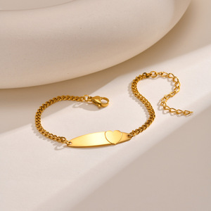 Personalized <b>Engravable</b> Stainless Steel Heart Curved Bar Bracelet Minimal Polished Link Chain Gold Color Unisex Fashion Gift - Product Image 3