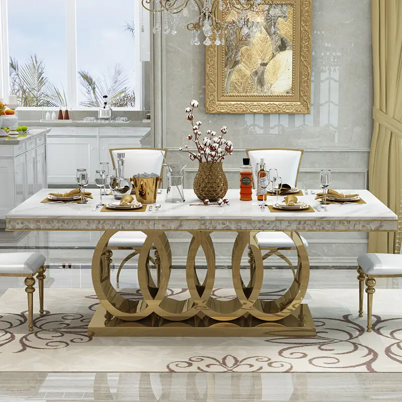 Nuovo prodotto promozione piano in marmo mobili per sala da pranzo tavolo da pranzo e sedie in acciaio inossidabile