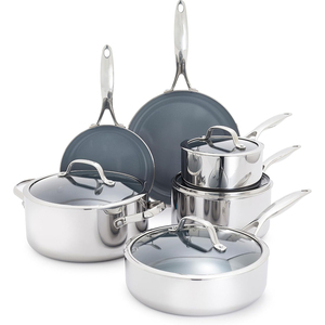 Juego de Utensilios de Cocina de Acero Inoxidable Triple de Alta Calidad, 10 Piezas, Antiadherente, con Tapas de Vidrio, Apto para Lavavajillas y Horno - Product Image 1