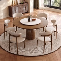 Ensemble de table à manger ronde avec plateau tournant et 6 chaises rembourrées, bois massif noyer, piétement blanc, pour salle à manger, style mid-century
