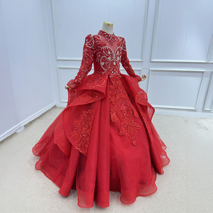Robe de demoiselle d'honneur de luxe Wn1796, rouge, à fleurs, avec dentelle perlée, col haut, robe de bal de princesse, longueur au sol, 100% polyester, pour mariage ou fête d'enfants - Product Image 2
