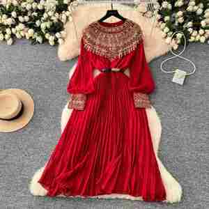Vestido Midi Plisado Casual Transpirable de Tela Sostenible Primavera 2025 para Mujer, Estilo Túnica Romana con Corte Imperio, Patchwork, Lentejuelas y Encaje, Línea A - Product Image 3