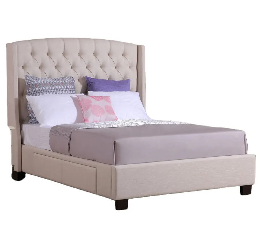 أثاث غرف النوم الحديثة معنقدة عالية اللوح الأمامي السرير ملكة حجم النسيج سرير منجّد