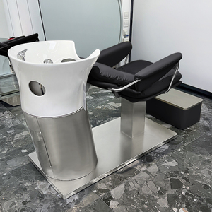 Sillón de Peluquería Moderno Semi-Reclinable con Lavabo de Cerámica, Estructura de Acero Inoxidable y Cuero, Reposapiés Ajustable - Product Image 2