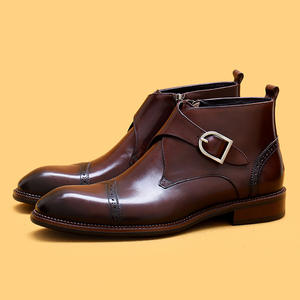 Chaussures montantes pour hommes en cuir véritable, à semelle épaisse, antidérapantes, style britannique, toutes saisons, avec doublure polaire, à lacets - Product Image 1