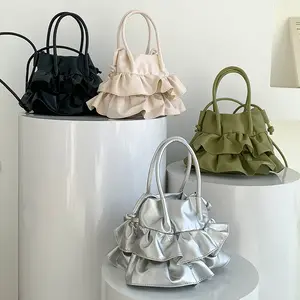 Women Wholesale Stylish Design Ruffle Hand Bag Handbag Pleated Bucket Shoulder Bag Crossbody Bag