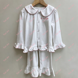 Set Pigiama Personalizzato per Bambini con Maniche Lunghe e Colletto Peter Pan, Pigiami Abbinati per Ragazzi, Abbigliamento <span class=keywords><strong>da</strong></span> <span class=keywords><strong>Notte</strong></span> di Alta Qualità in Cotone per Bambine - Product Image 4
