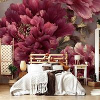 Peinture murale Art Déco de luxe, texture dorée, pivoine rouge, grande peinture à l'huile portrait, salon, chambre à coucher, intérieur moderne élégant