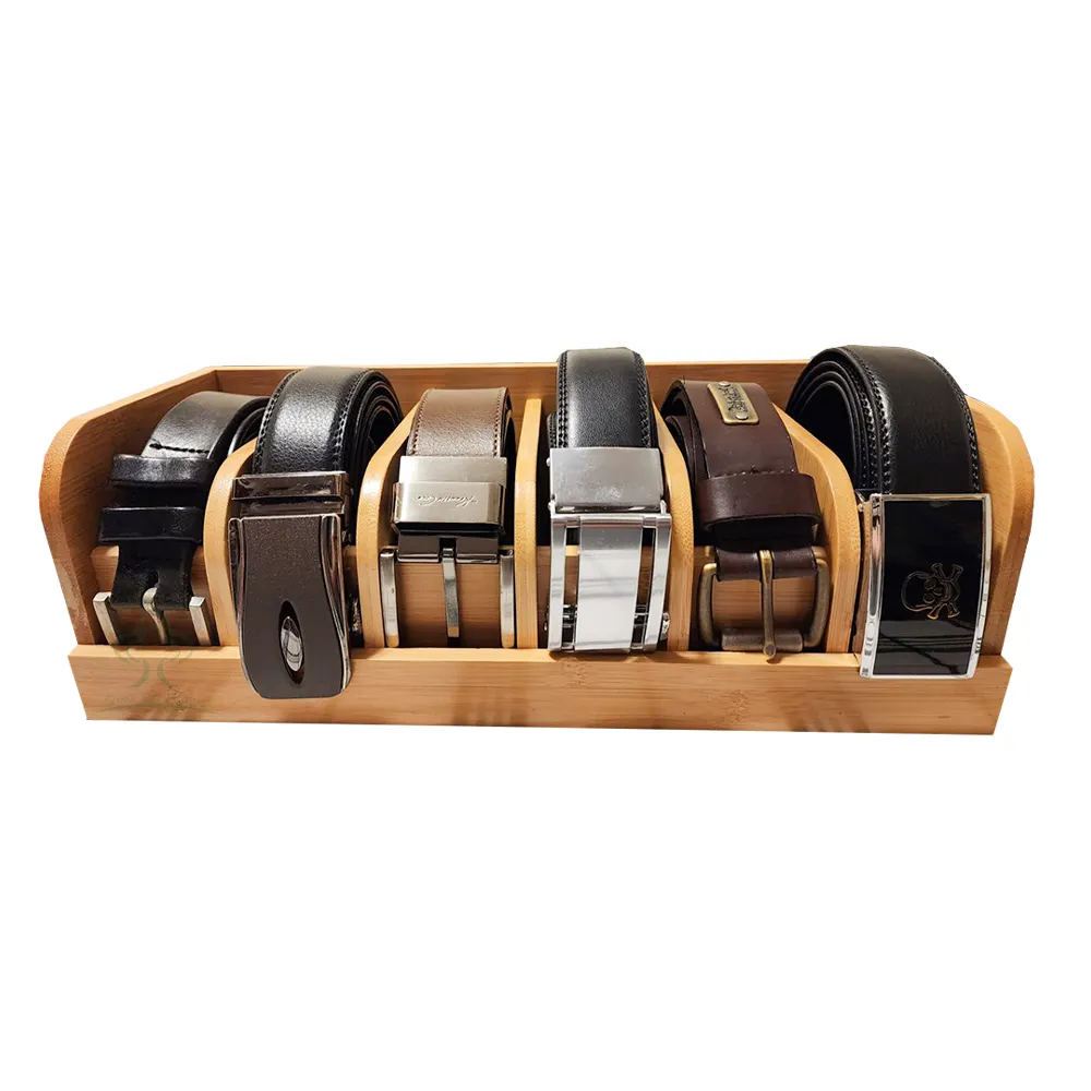 Caja organizadora de cinturón de bambú de nuevo diseño con 6 compartimentos, estante para cinturón para armario y cajón, Vitrina con soporte para cinturón para hombres y mujeres