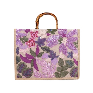 Women Floral Sequins Tote Evening <b>Bag</b> with Bamboo Top Handle Exquisite Embroidered Handbag for Daily <b>Work</b> Travel - Product Image 1