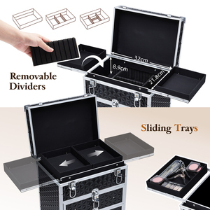 Aluminum Trolley Train <b>Case</b> with 360° Swivel Wheels Professional <b>Makeup</b> Rolling <b>Case</b> with Sliding Drawers Travel Cosmetic Box - Product Image 3