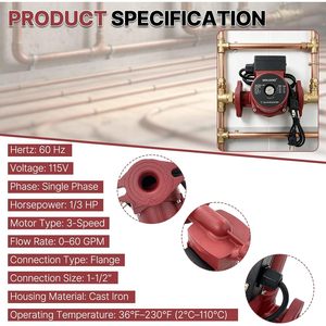 Bomba Circuladora Minjiang Ups43-100f 115V 1/3 Hp 65 Gpm 30 Ft Hierro Fundido para Reemplazo de Sistemas Hidrónicos - Product Image 3