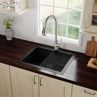 Évier de cuisine TOPHOME en acier inoxydable 304 fait main, 16 jauges, cuve simple, accessoires de robinetterie, surface brossée, moderne, noir-gris, facile à installer