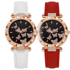 <span class=keywords><strong>Montre</strong></span> de luxe pour femmes avec bague en papillon et diamant bon marché <span class=keywords><strong>Montre</strong></span> pour femmes décontractée noire à la mode avec bracelet en cuir - Product Image 2