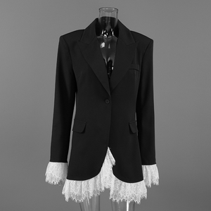 Blazer de punto largo estilo gótico chic, negro, con un solo botón, ribete de encaje en puños y dobladillo, talla grande, para mujer - Product Image 6