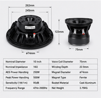 Haut-parleur passif en métal néodyme de 10 pouces, 16 ohms, 250 W RMS, bobine vocale de 75 mm, woofer professionnel pour sonorisation de stade et scène, ligne de sonorisation