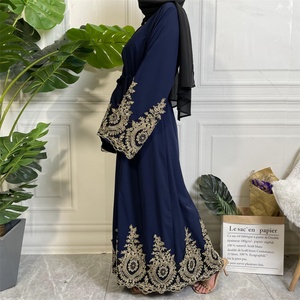 1495 #   Abaya noire en polyester doux avec appliques dorées, robe longue islamique pour femmes musulmanes, kimono - Product Image 5