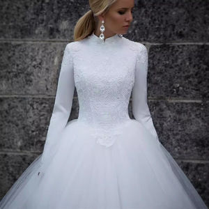 <b>White</b> High Neck <b>Lace</b> Ball Gown Wedding Dress Natural Waist Long Sleeve Elegant Style 2026 New Design - Product Image 3