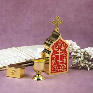 HT Orthodoxe Communieset Verguld Emaille Icoonhouder met Kelk Communiespatel Reliquiehouder Draagbaar Byzantijnse Stijl - Product Image 4