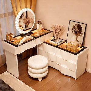 Bàn trang điểm gỗ nguyên khối hiện đại màu trắng có ngăn chứa đồ và gương có đèn cho phòng ngủ và căn hộ - Product Image 1