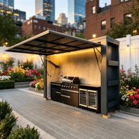 Cuisine extérieure modulaire moderne avec auvent rétractable, ensemble complet d'armoires, évier, crédence, finition laquée, charnières, robinet - Ignifuge