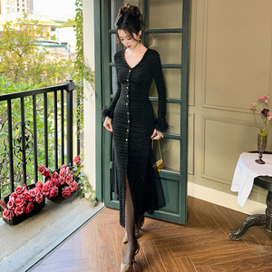 ZYHT 40164 oro nero Maxi abito Casual a collo singolo a manica lunga da donna in maglia <span class=keywords><strong>con</strong></span> <span class=keywords><strong>spacco</strong></span> anteriore abito sirena <span class=keywords><strong>con</strong></span> pelliccia - Product Image 4