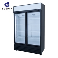 Lemari Pendingin Minuman Komersial Pintu Kaca Ganda Vertikal Tegak dengan Lampu LED untuk Toko Swalayan
