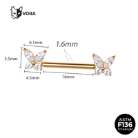 En stock : Piercing de nombril en Titane ASTM F136, finition Or PVD, Zircon Cubique, 16G, sans filetage, à poussoir, motif papillon, minimaliste, bord lisse