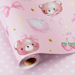 Pink Bear Strawberry Wrapping Paper 17 In X 32.8 Ft Reversible Dot Design For Baby Shower Birthday Gift - Product Image 1