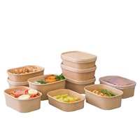 Bol à salade rectangulaire en papier Kraft, de forme carrée écologique avec couvercle en PP bol à aliments personnalisé noir blanc